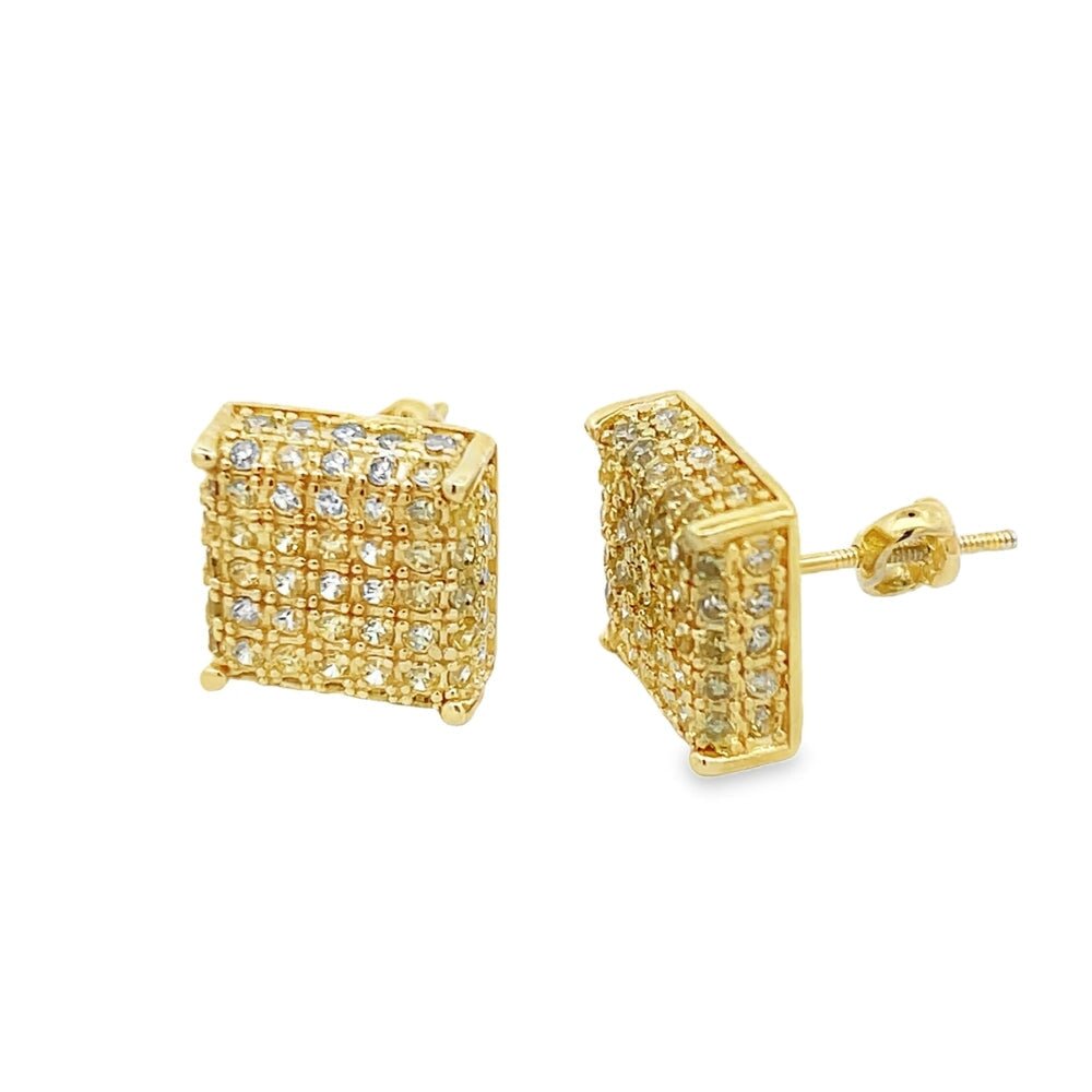 3D Cube Canary Gold CZ Earrings .925 Sterling Silver HipHopBling