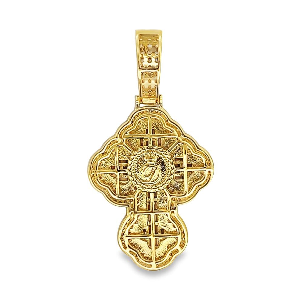 Baguette Clover Cross CZ Hip Hop Iced Out Pendant Yellow Gold HipHopBling