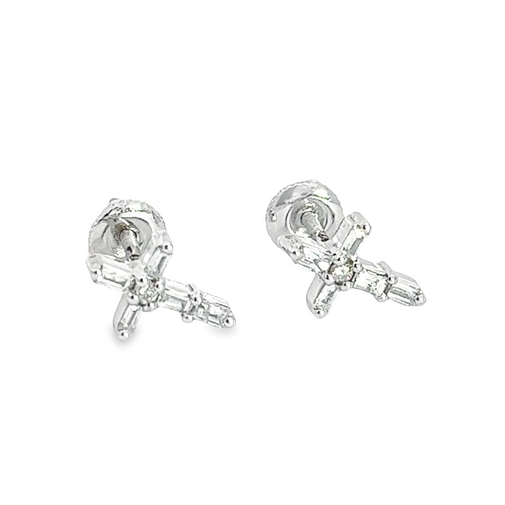 Baguette Cross .17cttw Diamond Earrings 10K White Gold HipHopBling