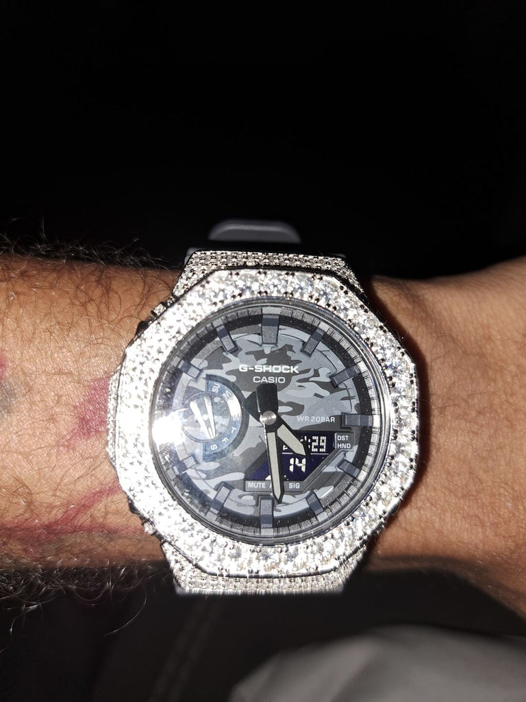 Big Boy Moissanite VVS Iced Out G Shock GA2100 Custom Watch 8.50 Carat Camo Gray HipHopBling
