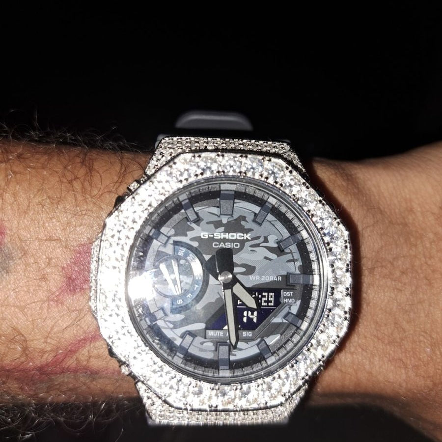 Big Boy Moissanite VVS Iced Out G Shock GA2100 Custom Watch 8.50 Carat Camo Gray HipHopBling