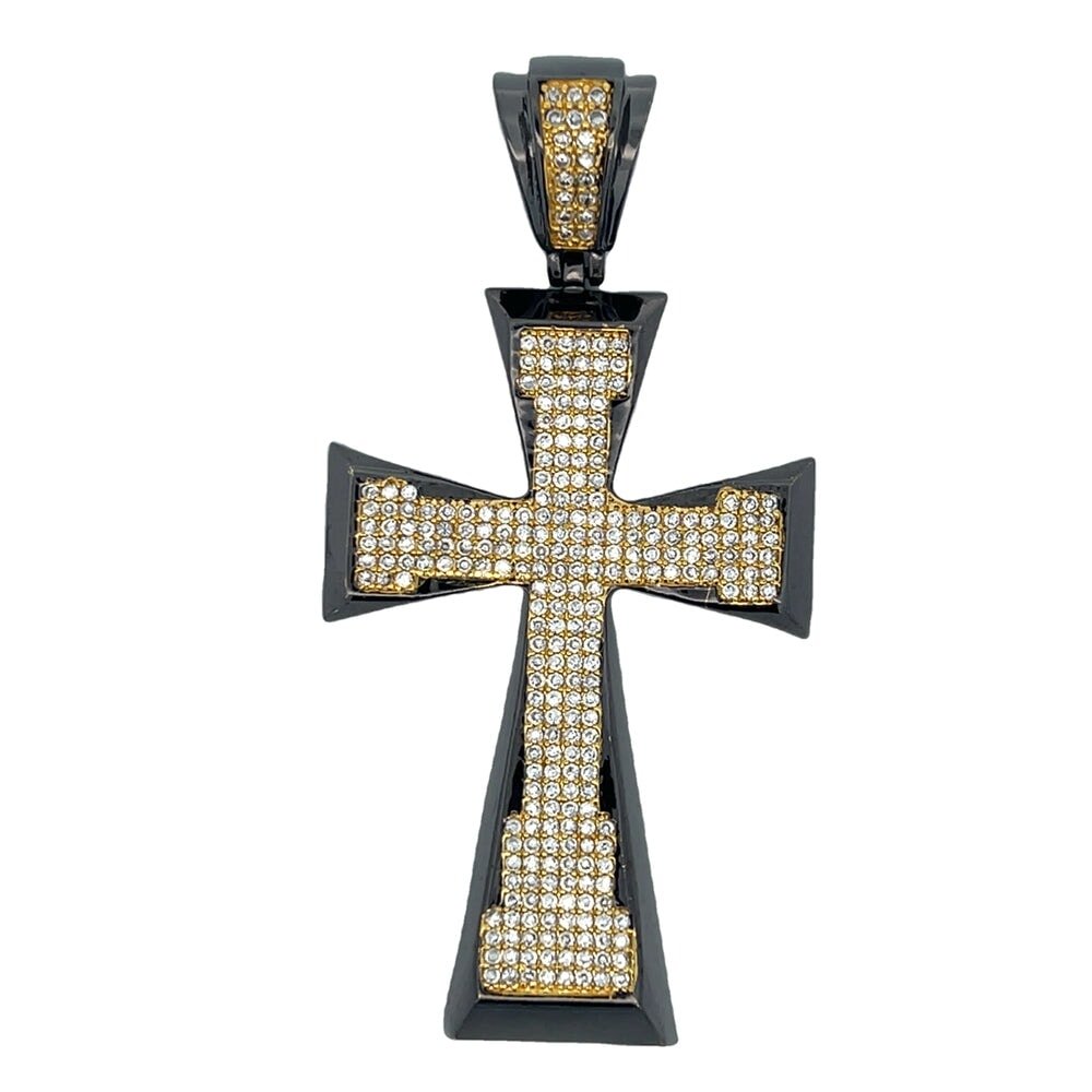 Black & Gold Tapered CZ Cross Iced Out Pendant HipHopBling