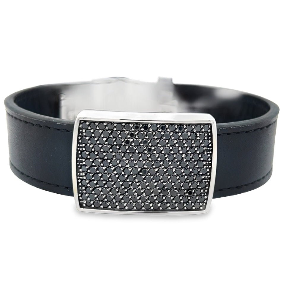 Black Leather ID CZ Iced Out Bracelet Stainless Steel Black HipHopBling
