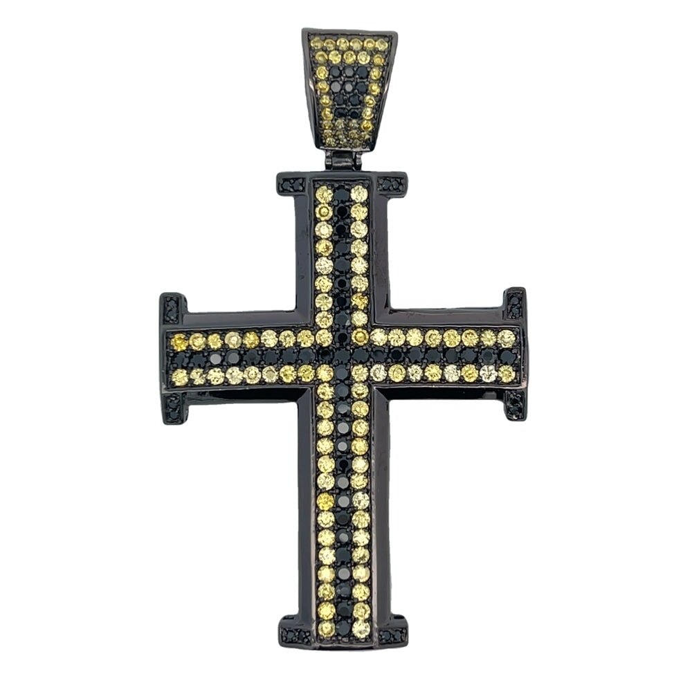 Black & Yellow CZ Black Cross Potent Iced Out Pendant HipHopBling