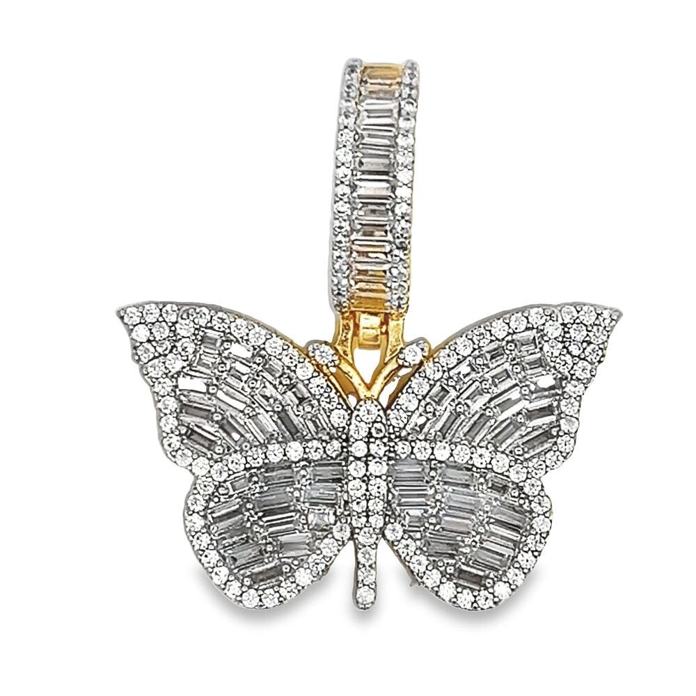 Butterfly Baguette CZ Hip Hop Iced Out Pendant Yellow Gold HipHopBling