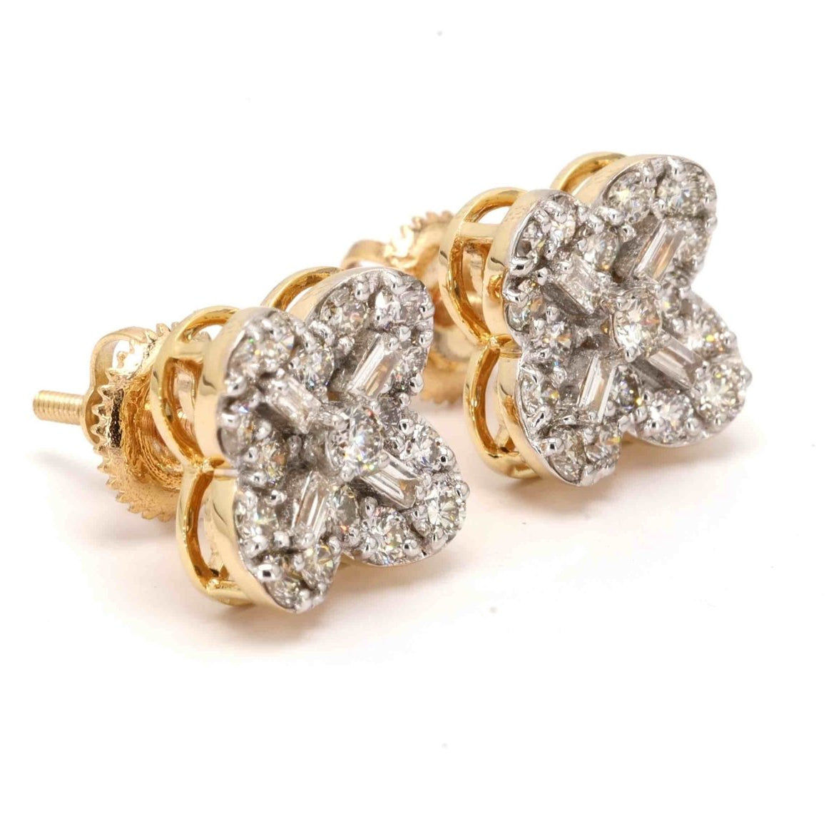 Clover Concave Baguette Diamond Earrings Solid 14K Gold 14K Yellow Gold 11MM | .95cttw HipHopBling