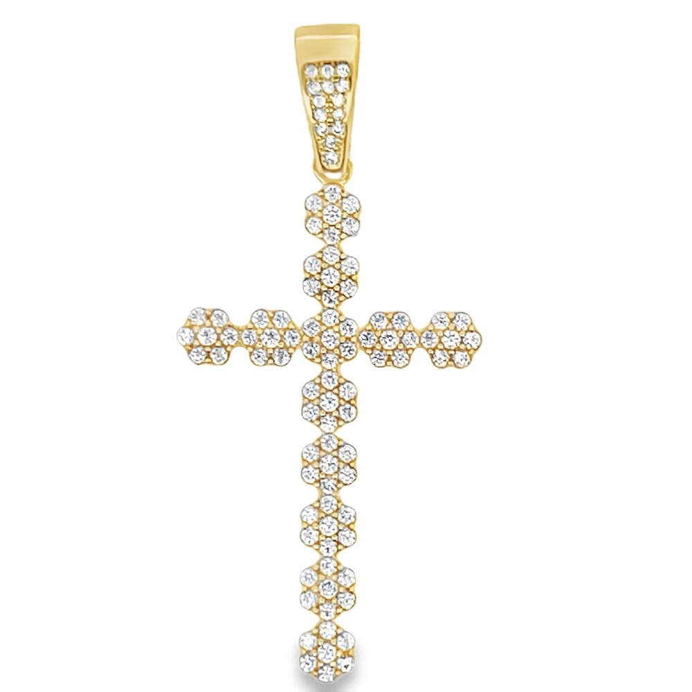 Cluster Tennis Cross Pendant .925 Sterling Silver Yellow Gold HipHopBling