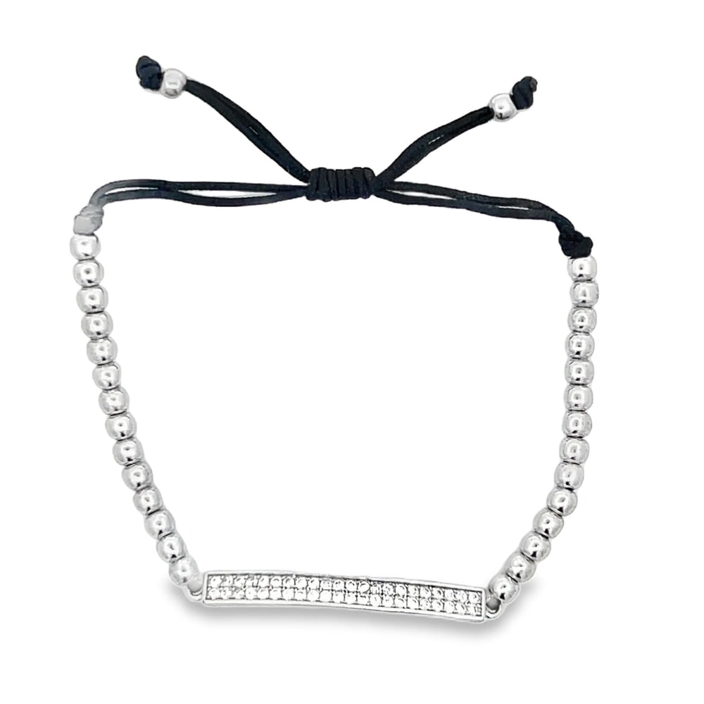 CZ ID Bar Bead Rope Bracelet .925 Sterling Silver Silver HipHopBling