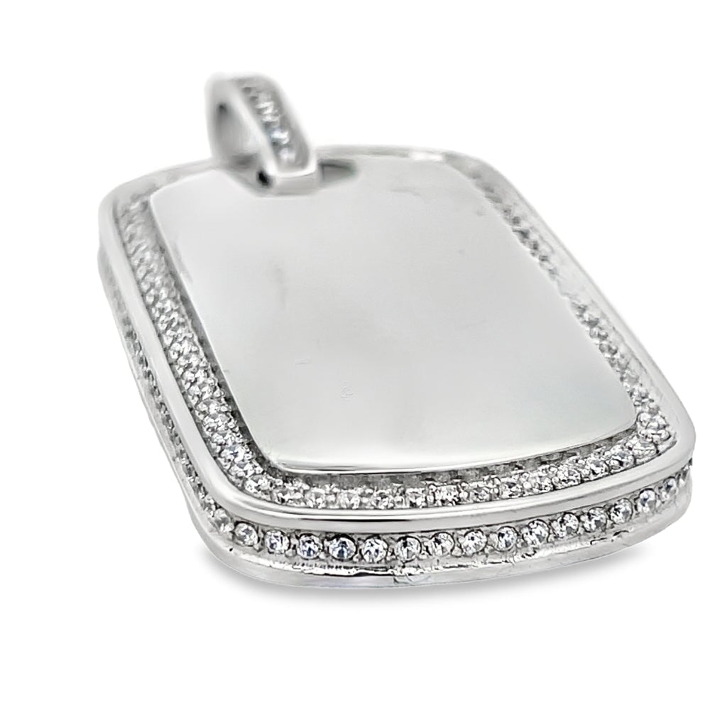 Dog Tag CZ Iced Out Pendant Stainless Steel Silver HipHopBling