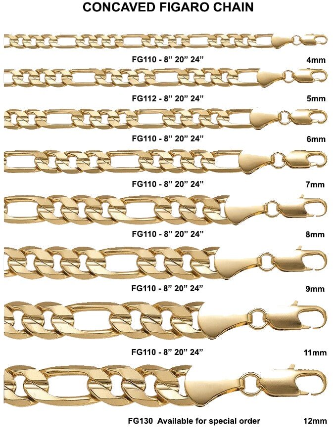Figaro Concave Gold Plated Chain Necklace 4MM 8" Bracelet HipHopBling