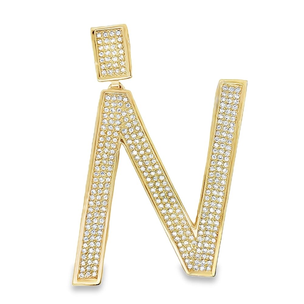 Gold Large Block Initial Letter CZ Iced Out Pendant N HipHopBling