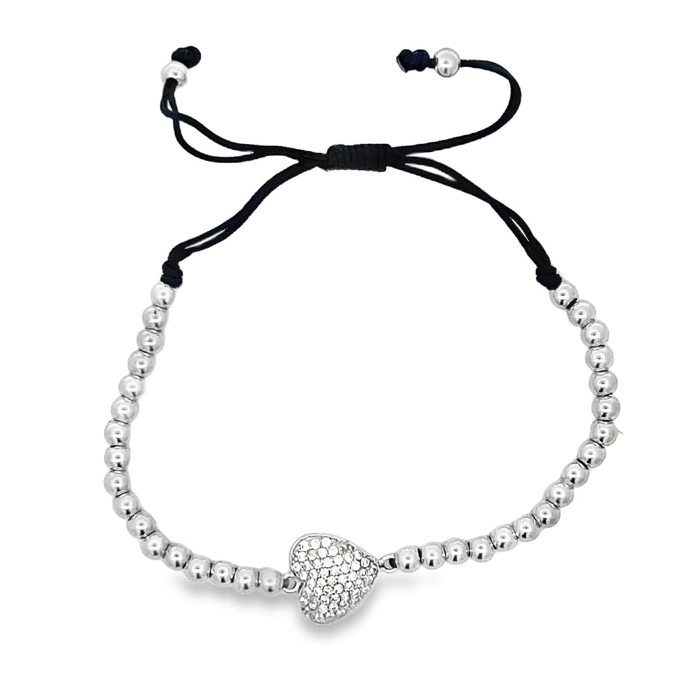 Heart Bead Rope Bracelet .925 Sterling Silver Silver HipHopBling