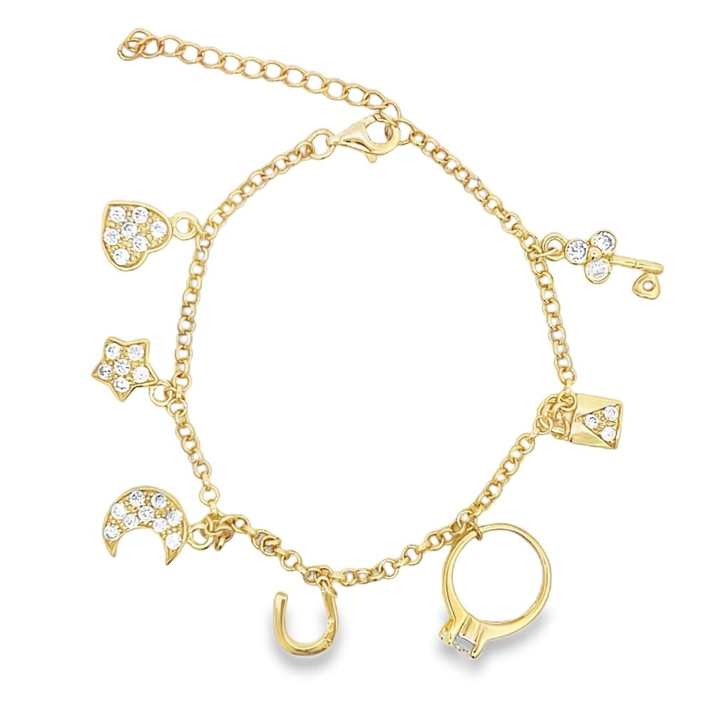 Heart Moon & Star Charm Bracelet .925 Sterling Silver Gold HipHopBling