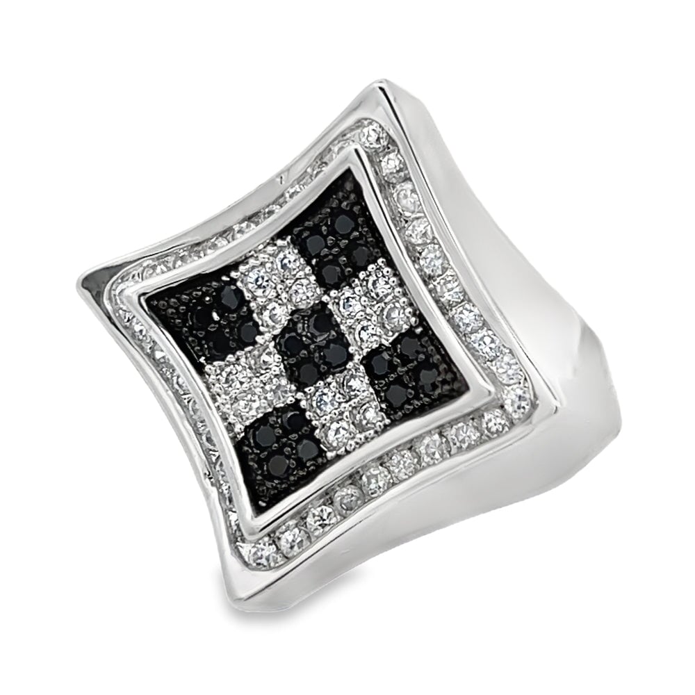 Kite Halo Checker Black & White CZ Ring .925 Sterling Silver 8 HipHopBling