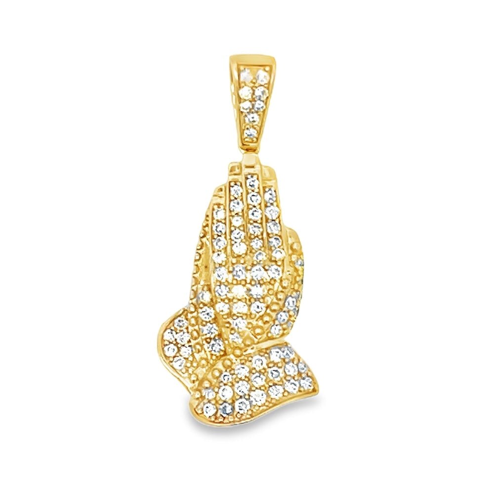 Mini 14K Gold Praying Hands .95cttw Diamond Pendant HipHopBling