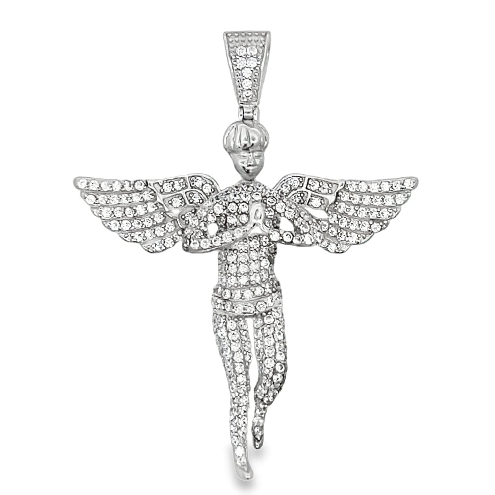 Praying Cherub Angel CZ Pendant .925 Sterling Silver White Gold HipHopBling