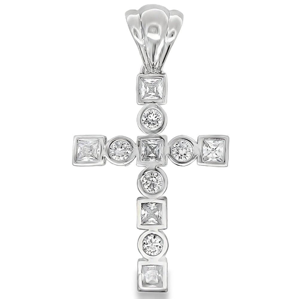 Princess & Round Tennis Cross CZ Pendant .925 Sterling Silver HipHopBling