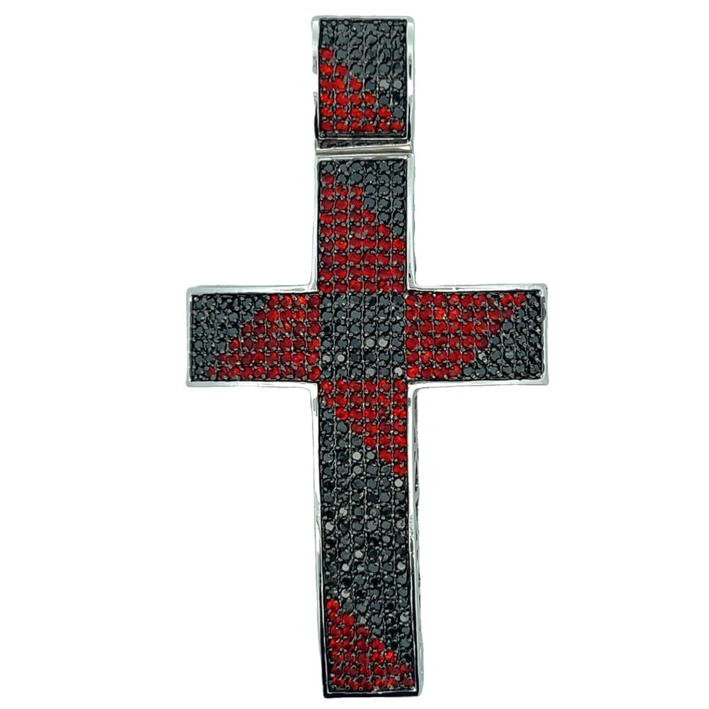 Red & Black Large Cross CZ Iced Out Pendant HipHopBling