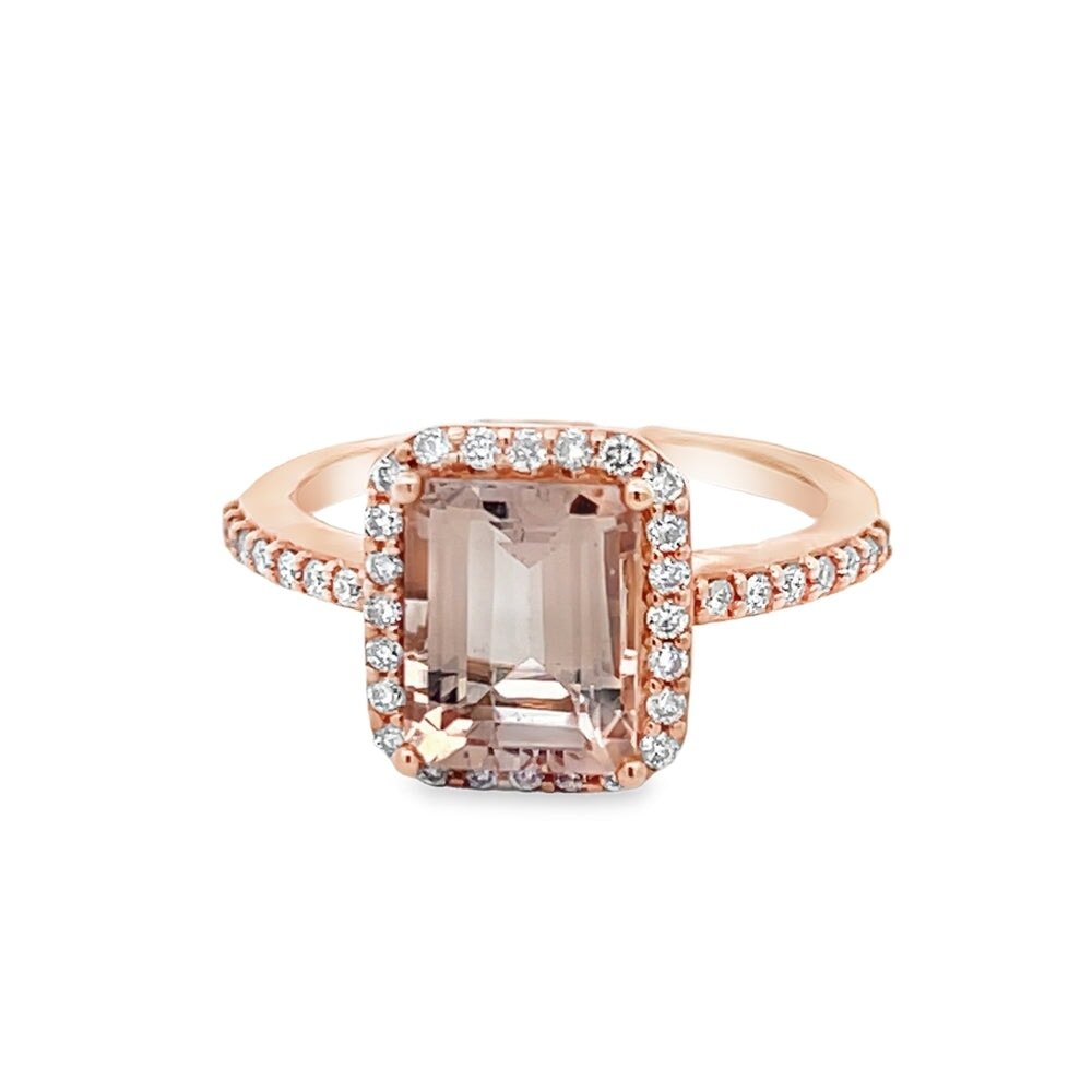 Womens 14K Rose Gold Emerald Cut Morganite Diamond Solitaire Ring HipHopBling