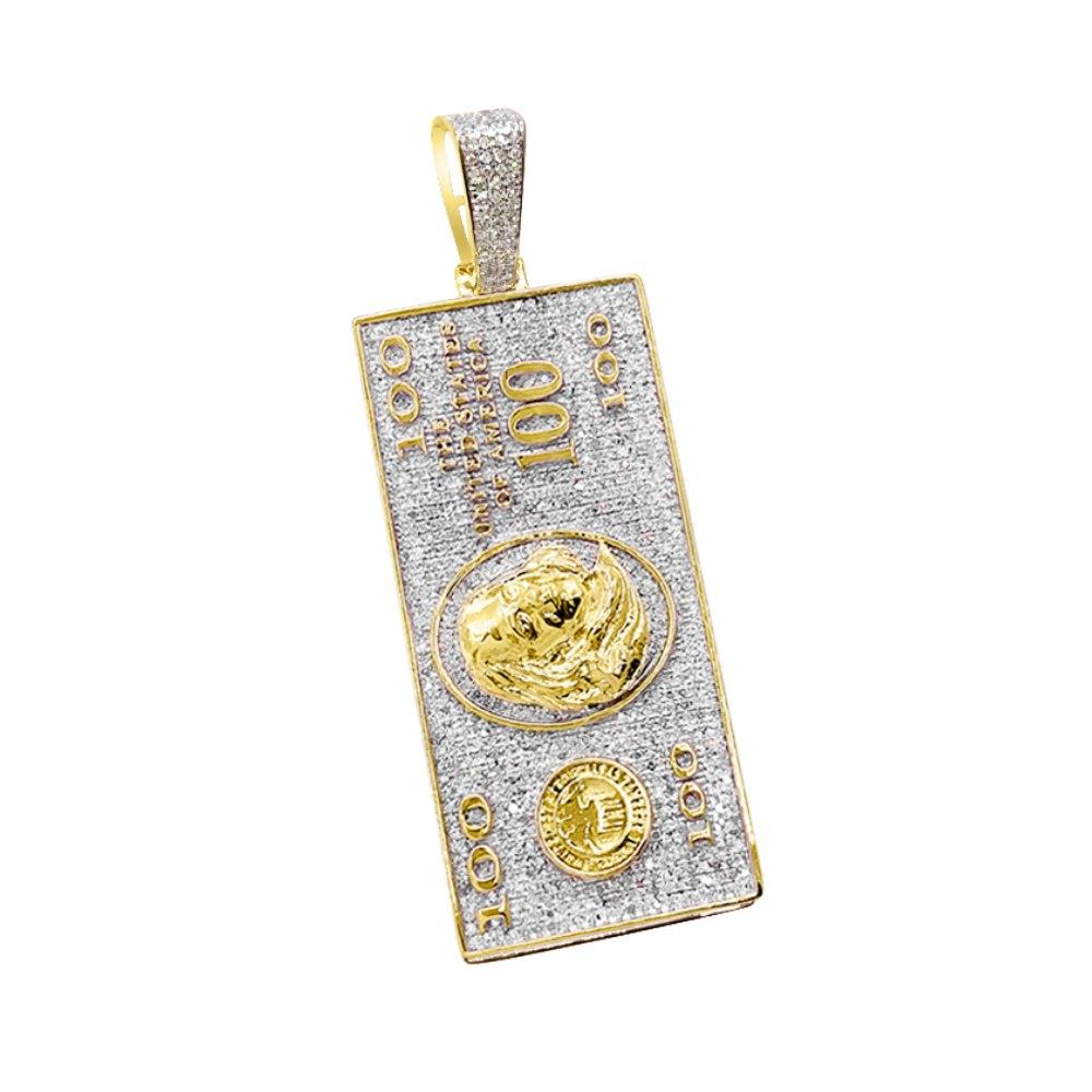 $100 Bill Diamond Pendant 1.00cttw 10K Yellow Gold HipHopBling