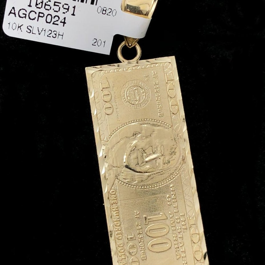 $100 Bill Vertical DC 10K Yellow Gold Pendant HipHopBling