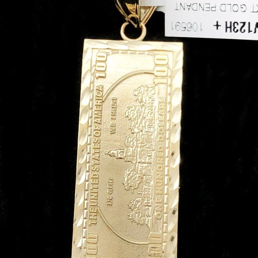 $100 Bill Vertical DC 10K Yellow Gold Pendant HipHopBling
