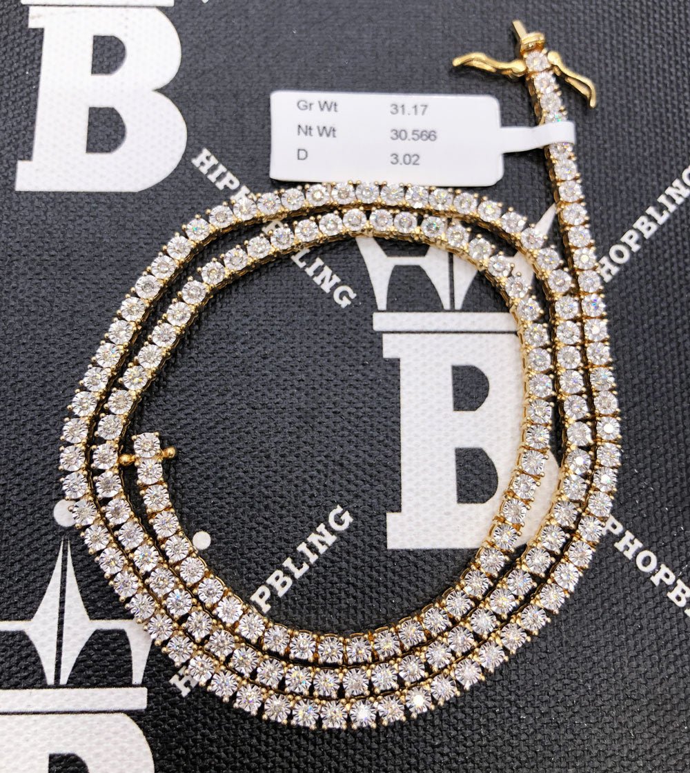 10K Yellow Gold Diamond Tennis Chain 3MM Miracle Setting 18" HipHopBling