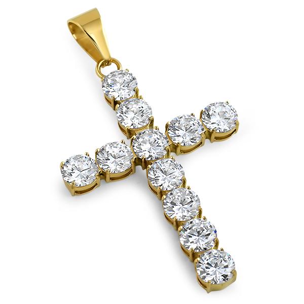 10MM CZ Bling Bling Cross Stainless Steel White or Yellow Gold Yellow Gold HipHopBling