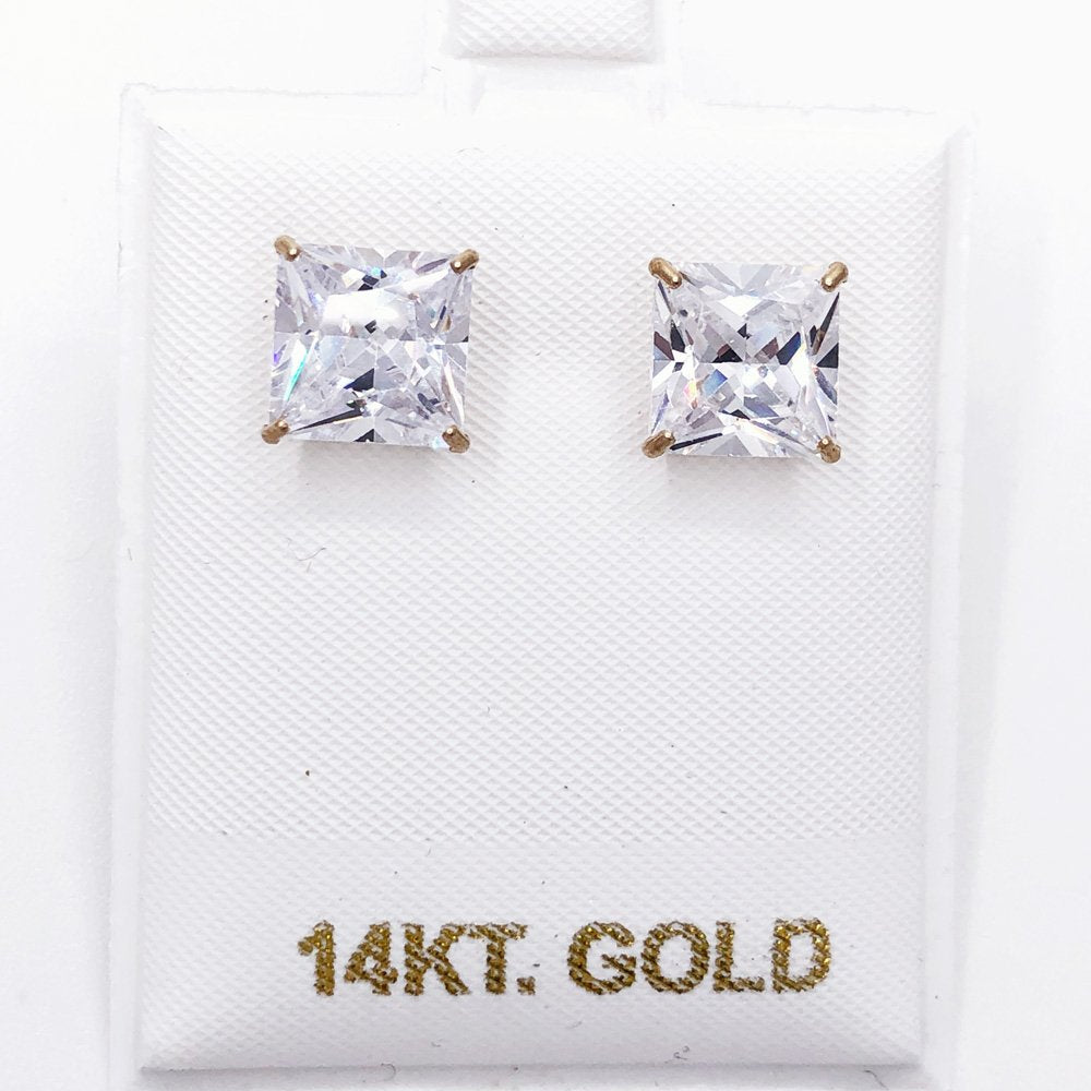14K Gold Princess CZ Stud Earrings Bling Bling 4MM 14K Yellow Gold HipHopBling