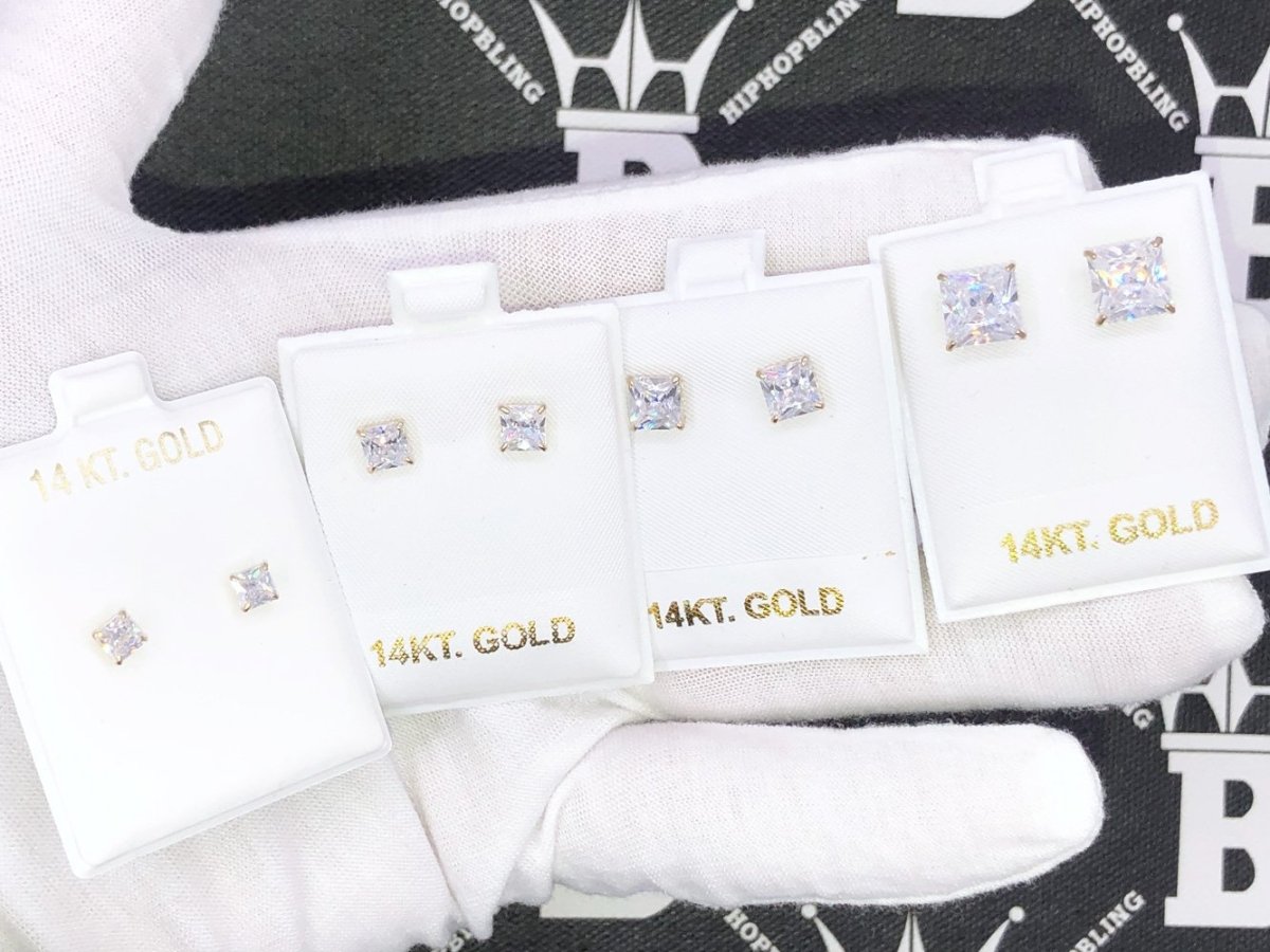 14K Gold Princess CZ Stud Earrings Bling Bling 4MM 14K Yellow Gold HipHopBling