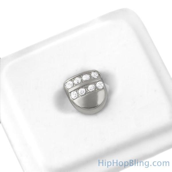 2 Row Ice Single Tooth Cap Silver Grillz HipHopBling