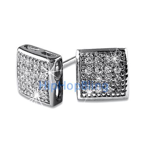 32 Stones Puffed Box CZ Micro Pave Earrings .925 Silver HipHopBling