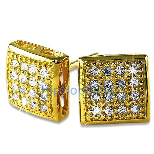 32 Stones Puffed Box Gold Vermeil CZ Micro Pave Earrings .925 Silver HipHopBling