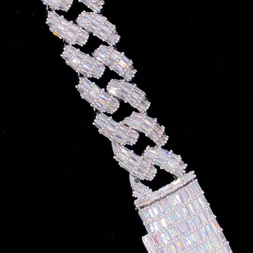 3D Baguette Cuban Link CZ Iced Out Hip Hop Bracelet White Gold 8" HipHopBling