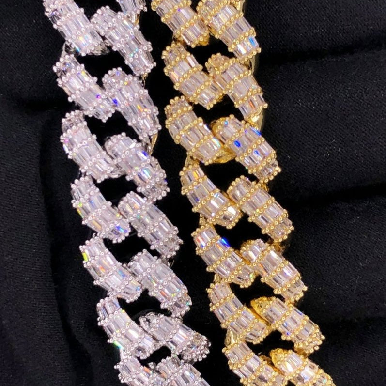 3D Baguette Cuban Link CZ Iced Out Hip Hop Bracelet Yellow Gold 8" HipHopBling
