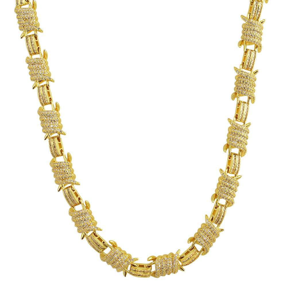 3D Barb Wire Baguette Bling Bling CZ Iced Out Chain Yellow Gold 18" HipHopBling