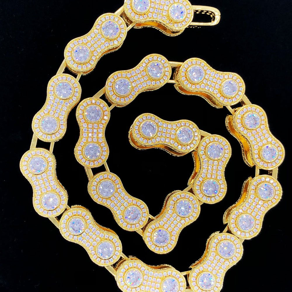 3D Bike Link Bling Bling CZ Iced Out Chain Yellow Gold 18" HipHopBling