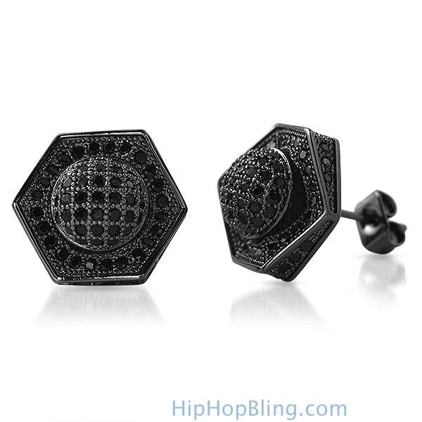 3D Domed Hexagon Black CZ Hip Hop Earrings HipHopBling