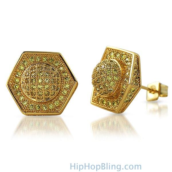 3D Domed Hexagon Lemonade CZ Hip Hop Earrings HipHopBling
