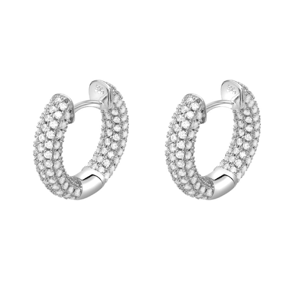 3D Full Micro Pave CZ Iced Out Huggie Hoop Earrings .925 Silver White Gold HipHopBling