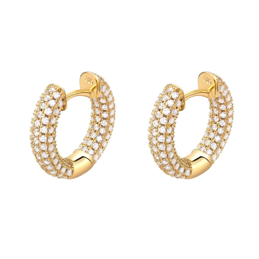 3D Full Micro Pave CZ Iced Out Huggie Hoop Earrings .925 Silver Yellow Gold HipHopBling