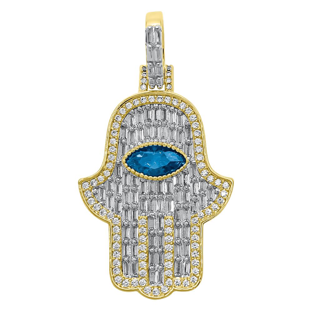 3D Gem Hamsa Baguette VVS CZ Iced Out Pendant Green Gem HipHopBling