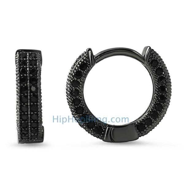 3D Hoop Earrings Black CZ Micro Pave HipHopBling