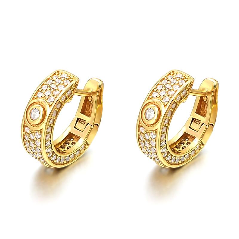 3D Pave Designer Huggie Hoop Iced Out Earrings .925 Silver Yellow Gold HipHopBling