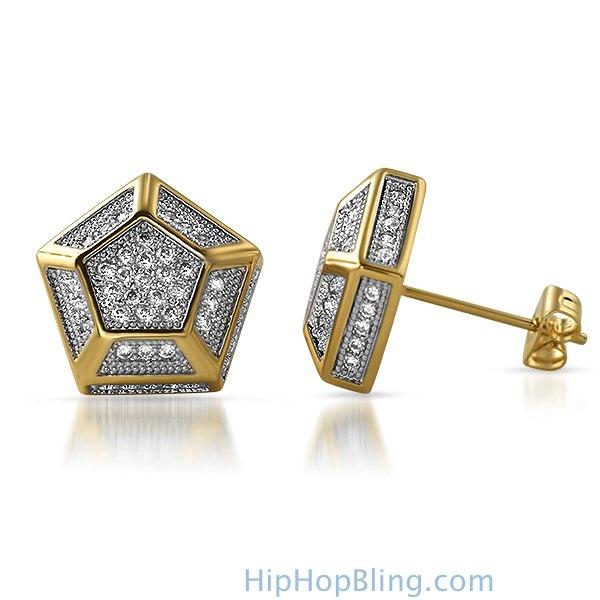 3D Pentagon Gold CZ Bling Bling Earrings HipHopBling