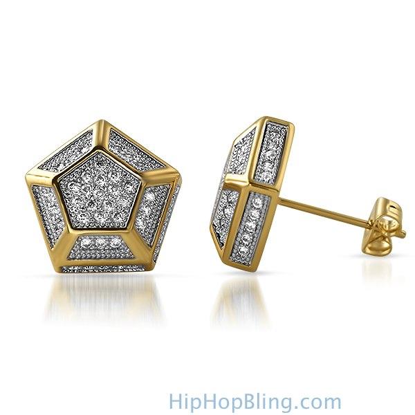 3D Pentagon Gold CZ Bling Bling Earrings HipHopBling