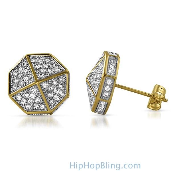 3D Pointed Octagon Gold CZ Hip Hop Earrings HipHopBling