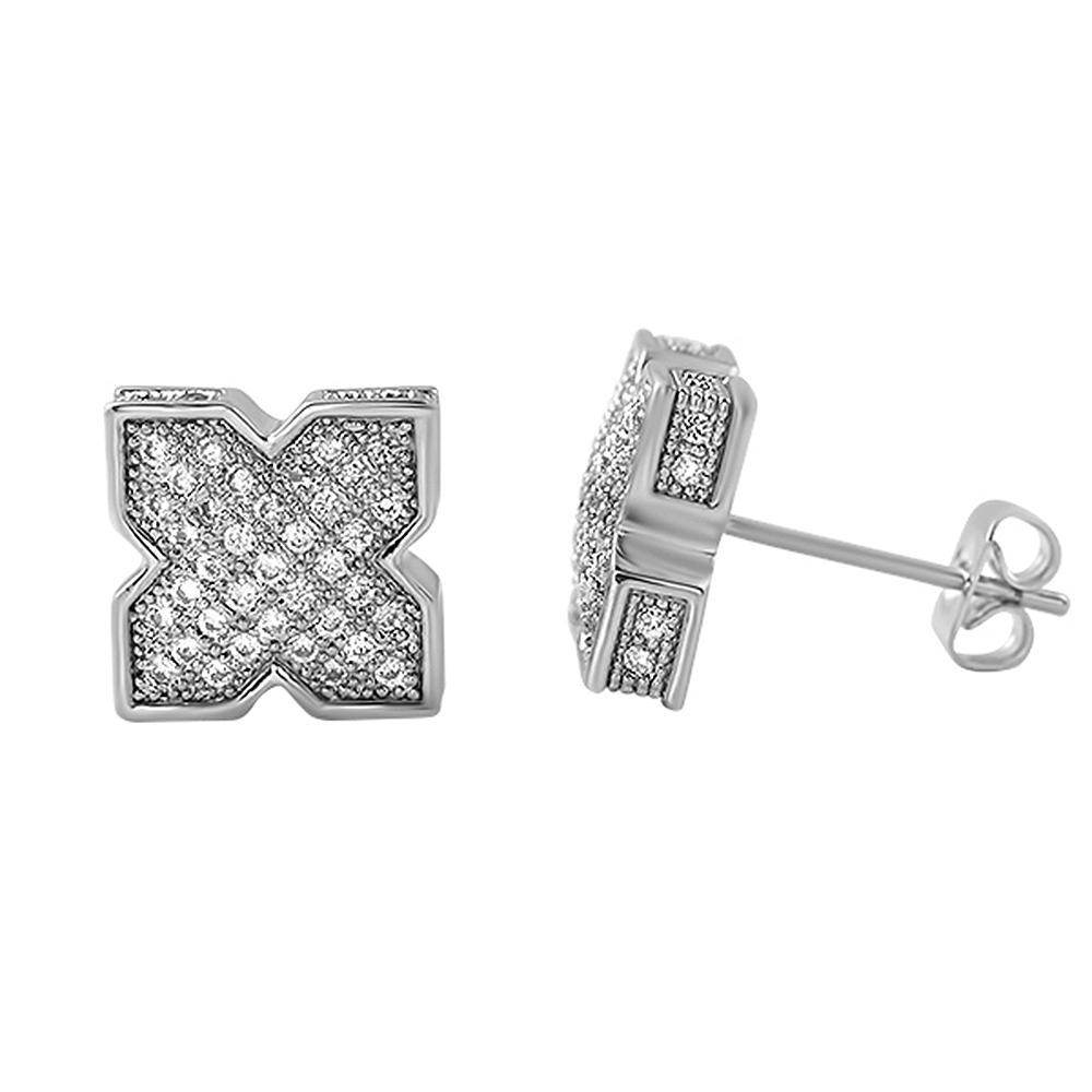 3D Pointed X Rhodium CZ Bling Bling Earrings HipHopBling