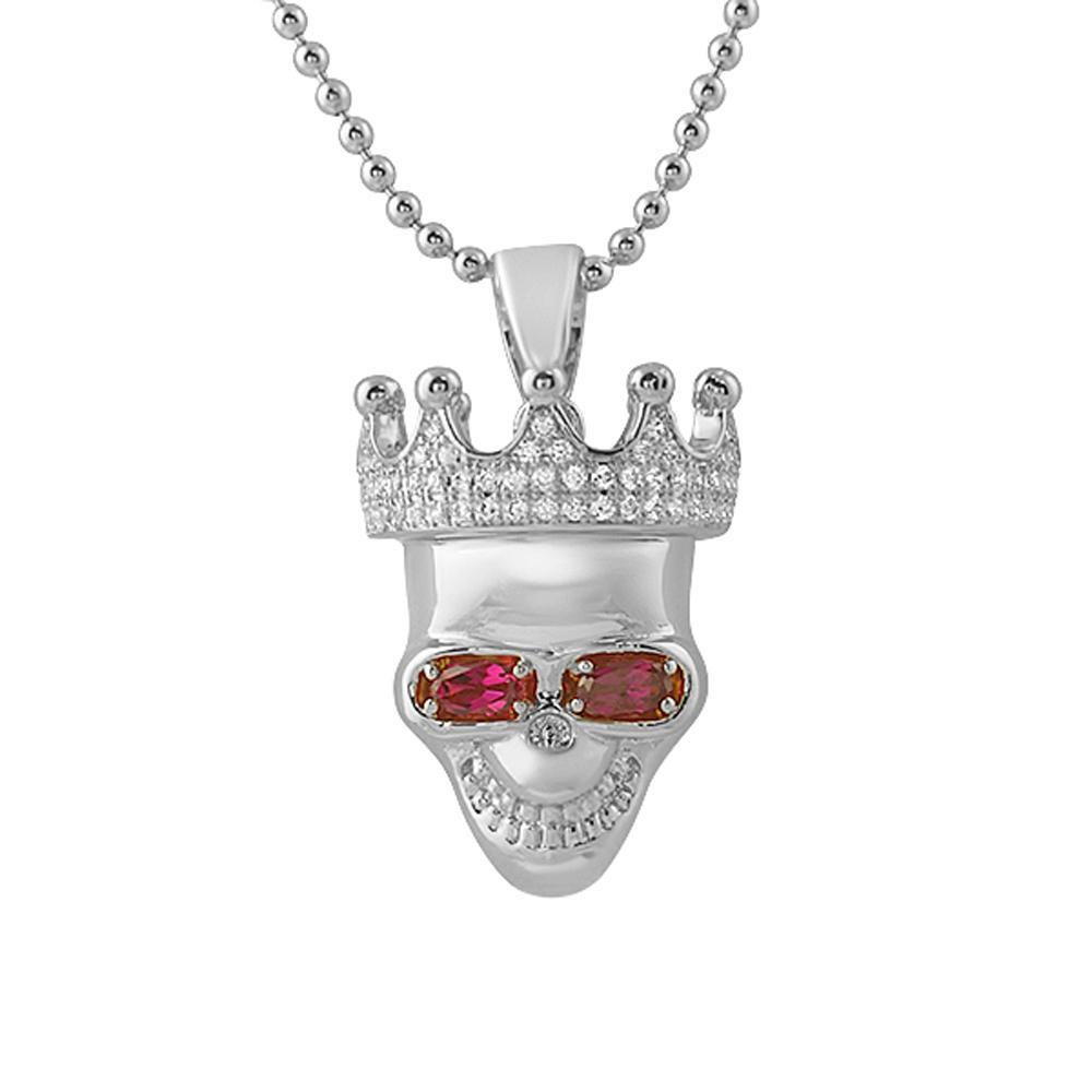 3D Skull Rhodum Pendant Lab Ruby Eyes HipHopBling