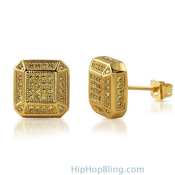 3D Smooth Box Lemonade CZ Micro Pave Bling Earrings HipHopBling